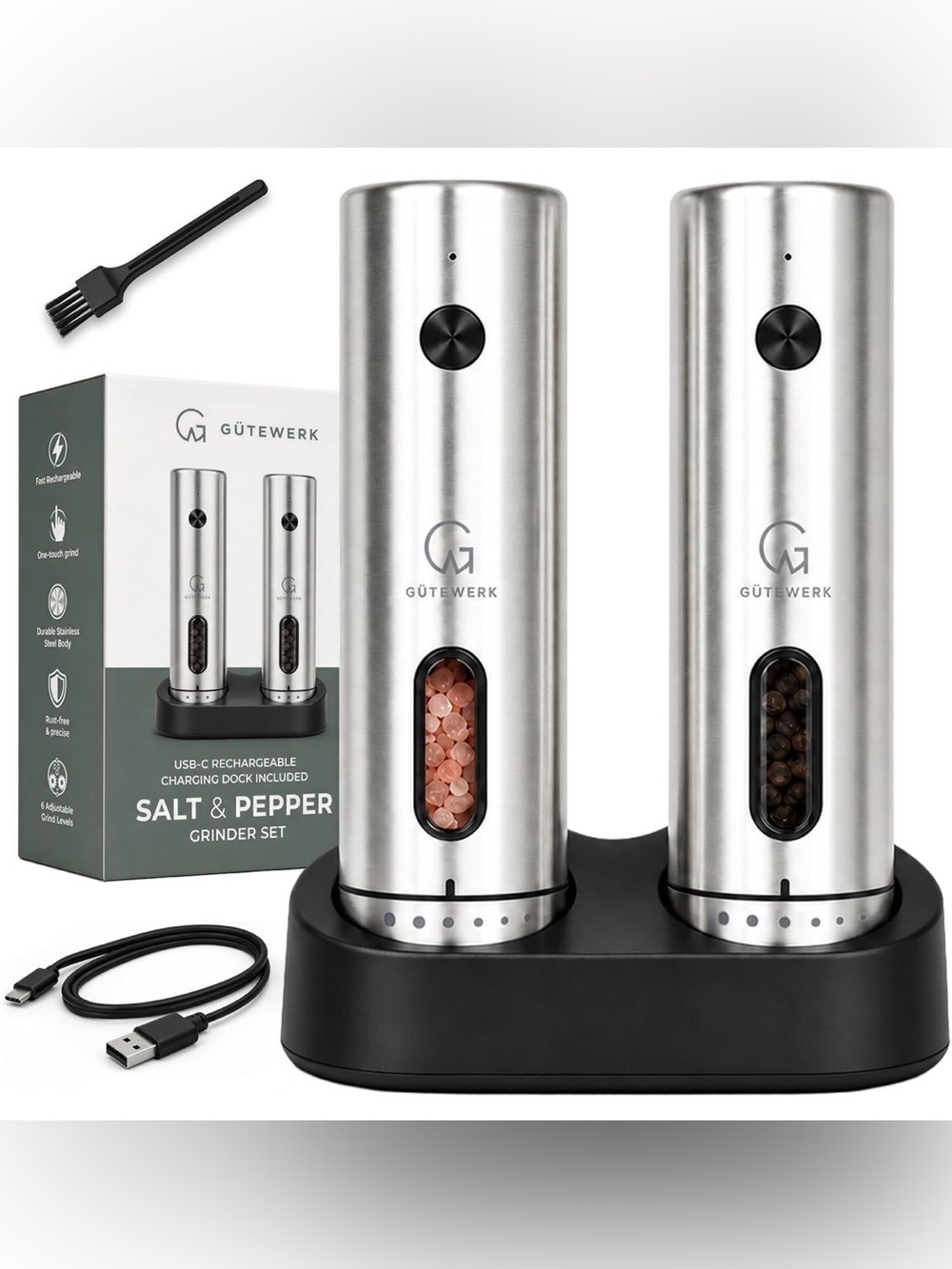 Electric Salt & Pepper Grinder Set – Rechargeable with Charging Dock | Brand New
